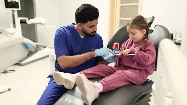 Happy confident male dentist tells little child girl how to brush the teeth on artificial jaw model. Caries prevention, pediatric dentistry, milk teeth hygiene concept.