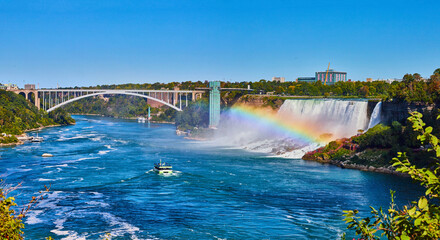 Panorama of rainbow and tourist ship over Niagara River with view of Rainbow Bridge and American Falls
