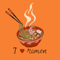 Postcard with kawaii ramen noodles. Vector graphics.