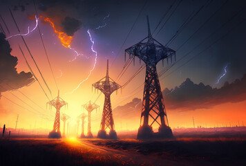 Sun setting behind the pylons that provide energy. Generative AI