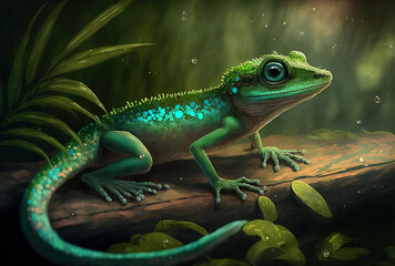 Fototapeta premium The emerald green geko is a stunning, passive predator that hunts insects and is housed in terrariums that must have a tropical temperature. Generative AI