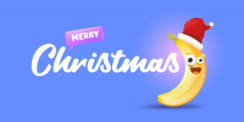 Fototapeta na wymiar Merry Christmas horizontal greeting banner with funny cartoon banana character wearing santa red hat isolated on blue background. Funny and cute Christmas card with smiling Banana monster