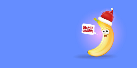 Merry Christmas horizontal greeting banner with funny cartoon banana character wearing santa red hat isolated on blue background. Funny and cute Christmas card with smiling Banana monster
