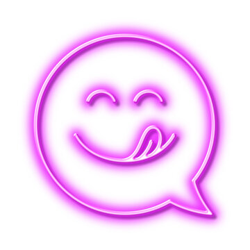 Yummy smile line icon. Emoticon with tongue sign. Speech bubble. Neon light effect outline icon.