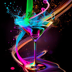 colorful cocktail in glass with splashes and lemon on dark background. Party club entertainment. Mixed light - obrazy, fototapety, plakaty
