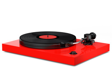Vinyl record player or DJ turntable with retro vinyl disk on white background.