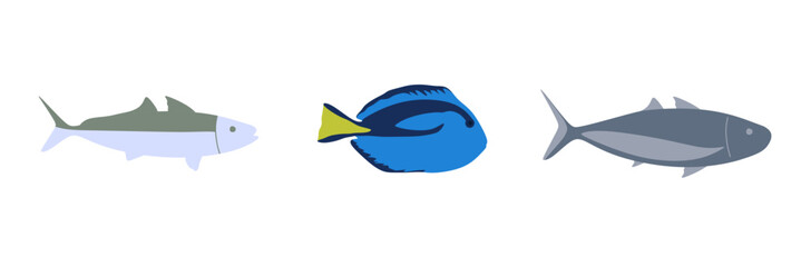Set of fish in flat style isolated on white background. Collection fishes scad fish, blue tang and Atlantic bluefin tuna. vector illustration