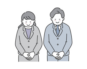 笑顔でお辞儀をするスーツ姿の男性と女性のイラスト素材　上半身