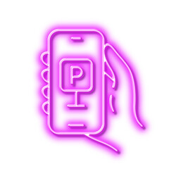 Parking app line icon. Hand hold phone sign. Neon light effect outline icon.