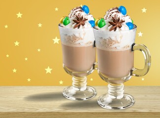 Tasty cold coffee with cream in glass