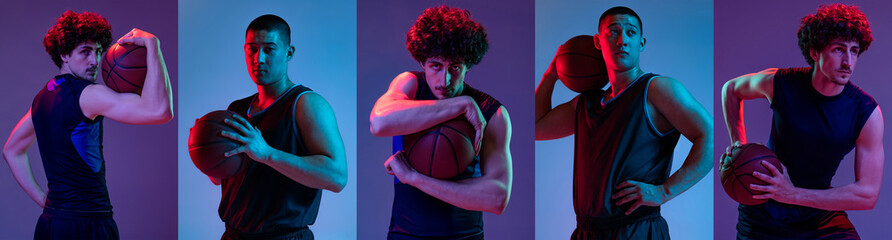 College. Muscular young men, basketball players posing with ball isolated on blue purple background...