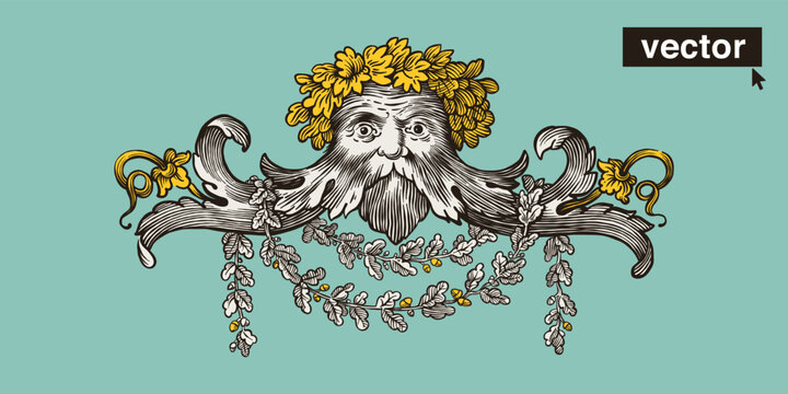 Ancient barbarian wooden god with gold wreath and oak brunches. Engraved portrait logo. Ink hatching style medieval emblems.