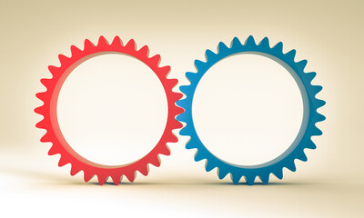 red and blue gears on a neutral background.