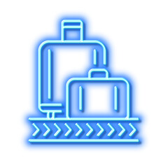Airport baggage reclaim line icon. Airplane luggage lane sign. Neon light effect outline icon.