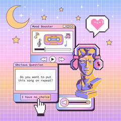 Vaporwave Music Template Social Media Stories. Retro Desktop with Frames, Playlist and Elements. Vector Background
