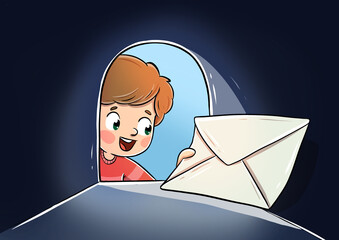 Boy picking up a letter from the mailbox - 553491130