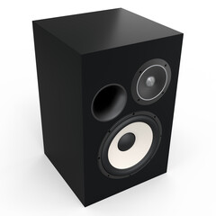 Hi-fi speakers with loudspeakers for sound recording studio on white background.