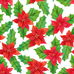 Christmas seamless pattern. Red poinsettia and green leaves