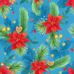 Fototapeta na wymiar Red poinsettia and fir branch seamless pattern. Flowers on white background