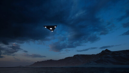 3D-rendering. Triangular ufo hung in the sky in the evening   © kolbass
