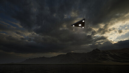 3D-rendering. Triangular ufo hung in the sky in the evening	
