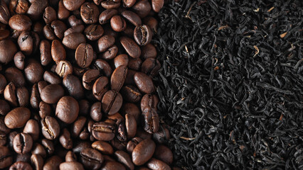 tea or coffee. coffee beans and natural black tea top view. coffee vs. tea. choice of drink concept