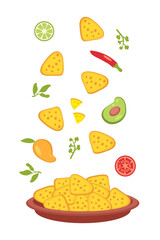 Mexican nachos and ingredients for the sauce fall into the plate. Perfect for tee, poster, menu and print. Vector illustration for decor and design.