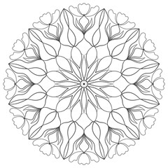 Vector outline mandala for coloring book page. Floral lace round ornament. Round pattern with flower in ethnic tribal style. Natural design elements.