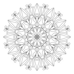 Vector outline mandala for coloring book page. Floral lace round ornament. Round pattern with flower and butterflies in ethnic tribal style. Natural design elements.