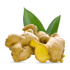 ginger ;root sliced with green leaves . herb high vitamin C and for protect virus  on transparent.