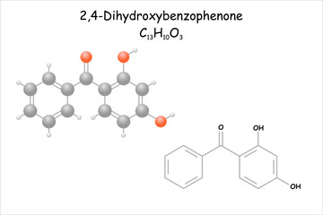 Stylized 2D molecule model/structural formula of 2,4-Dihydroxybenzophenone.