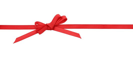Red satin bow on ribbon line isolated on white or transparent background