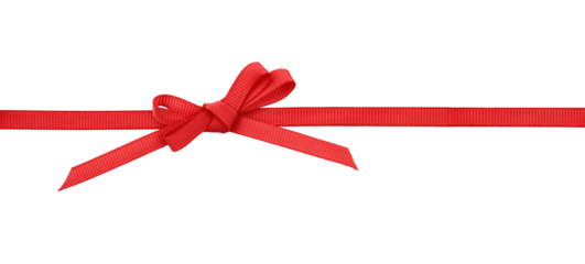 Red satin bow on ribbon line isolated on white or transparent background