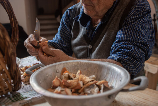 detail of old man's hands cleaning mushrooms with knife, basket with dirty and clean mushrooms cut in a sieve