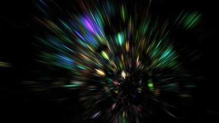 Abstract green and gold shiny fireworks. Fantastic holiday background. Digital fractal art. 3d rendering.