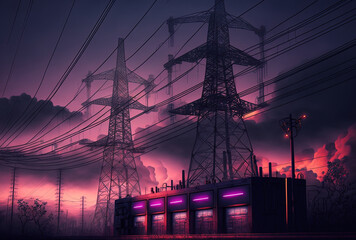 electricity transmission cables at dusk. station for distributing power. Generative AI