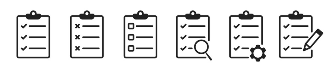 Clipboard icon set with checkmerk and crosses. Checklist symbol. Design for app, logo etc. Vector EPS 10