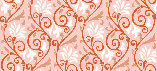 Abstract Oriental Baroque Florals Branches Vintage Motif Leaves Seamless Elegant Pattern Trendy Fashion Colors Damask Style Concept Ornamental Swirls