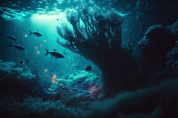 Fototapeta na wymiar coral reef in the sea, deap blue sea, underwater unreal , AI art