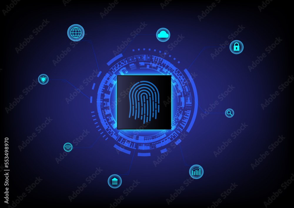 Poster hi tech background security with fingerprint scanning to access the system there is a light under th
