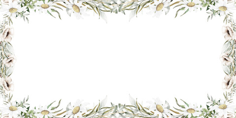 Ornamental daisy floral border, decorative frame and plants on isolated empty background