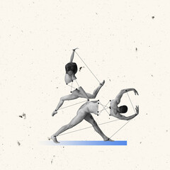 Contemporary art collage. Young attractive people, man and woman performing ballet, dancing...