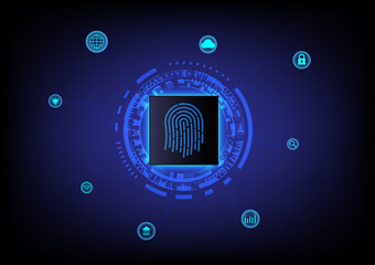 Hi Tech Background Security with fingerprint scanning to access the system There is a light under the tech circle microchip underneath, on a blue gradient background.