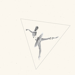 Contemporary art collage. Tender, young ballerina dancing over light beige background