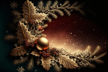 Christmas branches and decorative Christmas ornaments, good for Christmas message cards, Generative AI