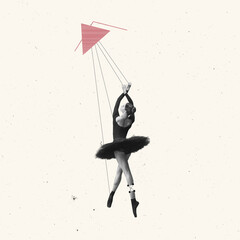 Contemporary art collage. Passionate ballerina dancing over light beige background