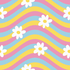 1970 Daisy Seamless Pattern on Cute Rainbow Wavy Lines Background. Hippie Aesthetic. Hand-Drawn Vector Illustration, Flat Design. Kids Graphic Cover, Sticker, Wallpaper.