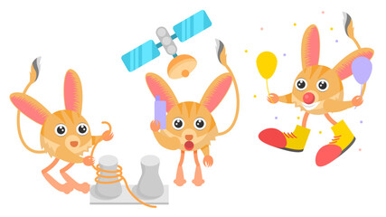 Obraz na płótnie Canvas Set Abstract Collection Flat Cartoon Different Animal Jerboa Tying A Rope To A Bollard, Clown With Balloons, talking on cell phone Vector Design Style Elements Fauna Wildlife
