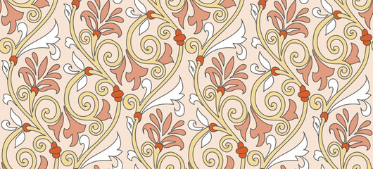 Abstract Oriental Baroque Florals Branches Vintage Motif Leaves Seamless Elegant Pattern Trendy Fashion Colors Damask Style Concept Ornamental Swirls