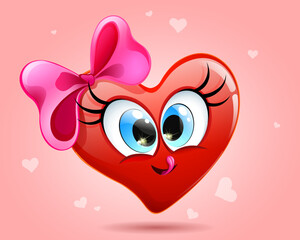 Funny heart girl with crossed eyes with red bow, licking lips on light red background